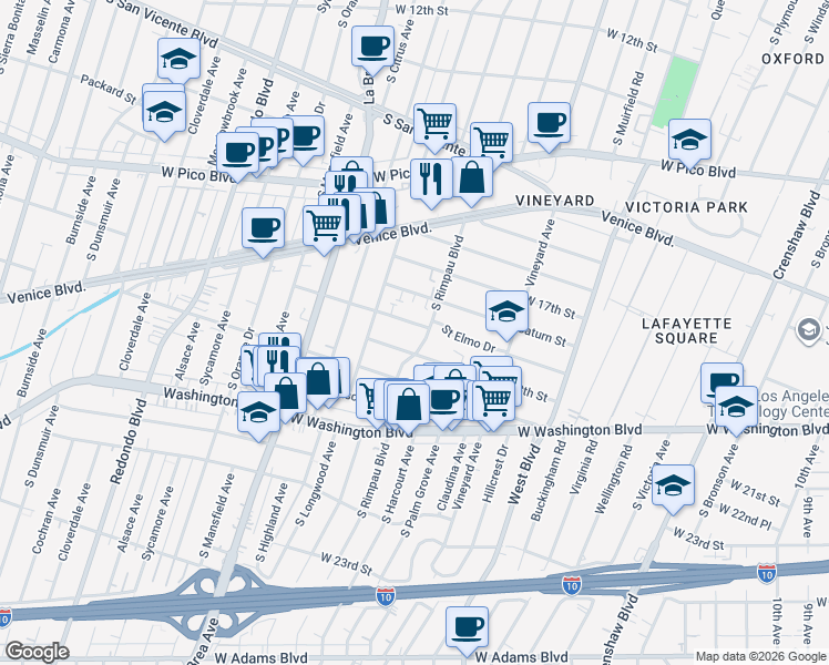 map of restaurants, bars, coffee shops, grocery stores, and more near 4810 Saint Elmo Drive in Los Angeles
