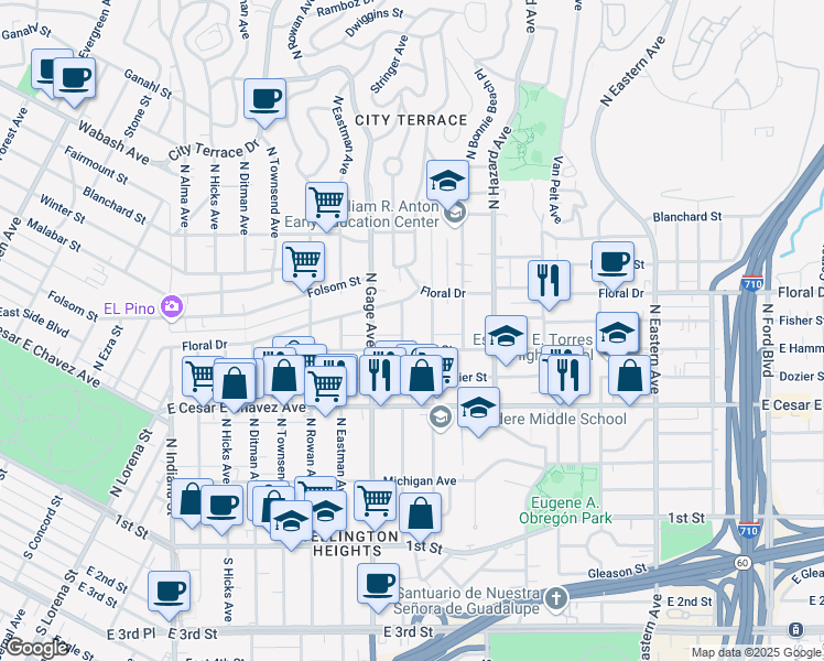map of restaurants, bars, coffee shops, grocery stores, and more near 3831 East Hammel Street in Los Angeles