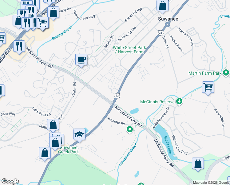 map of restaurants, bars, coffee shops, grocery stores, and more near 907 U.S. 23 in Suwanee