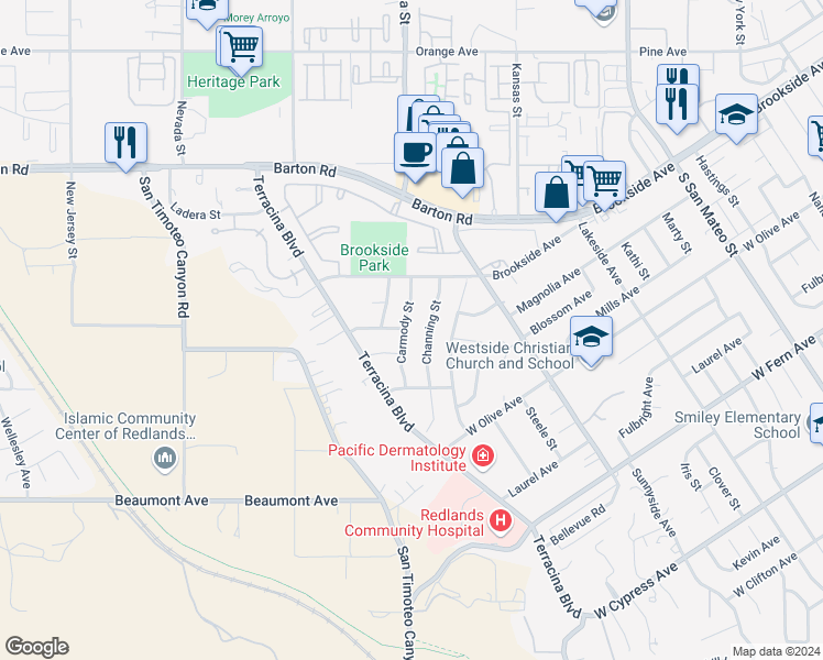map of restaurants, bars, coffee shops, grocery stores, and more near 127 Carmody Street in Redlands