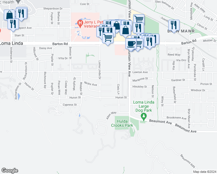 map of restaurants, bars, coffee shops, grocery stores, and more near 25559 Nicks Avenue in Loma Linda