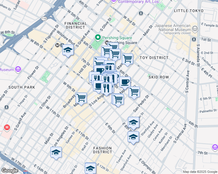 map of restaurants, bars, coffee shops, grocery stores, and more near 730 South Los Angeles Street in Los Angeles