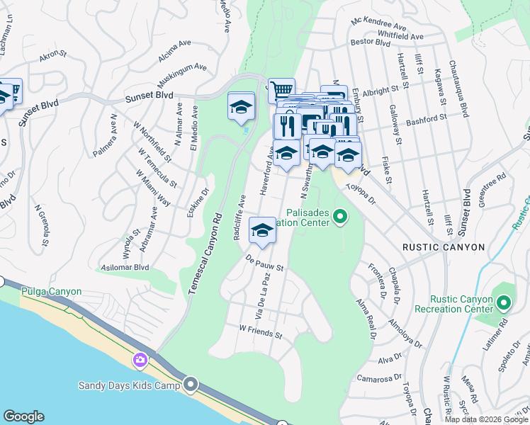 map of restaurants, bars, coffee shops, grocery stores, and more near 704 Haverford Avenue in Los Angeles