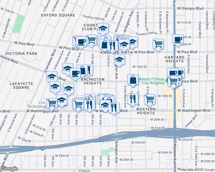 map of restaurants, bars, coffee shops, grocery stores, and more near 2nd Avenue in Los Angeles