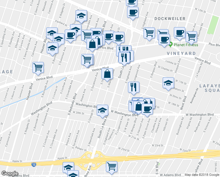 map of restaurants, bars, coffee shops, grocery stores, and more near 1750 South Mansfield Avenue in Los Angeles