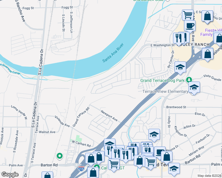 map of restaurants, bars, coffee shops, grocery stores, and more near 22306 Grand Terrace Road in Grand Terrace