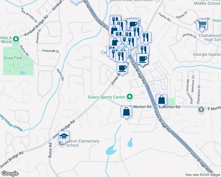 map of restaurants, bars, coffee shops, grocery stores, and more near 10755 Jones Bridge Road in Alpharetta
