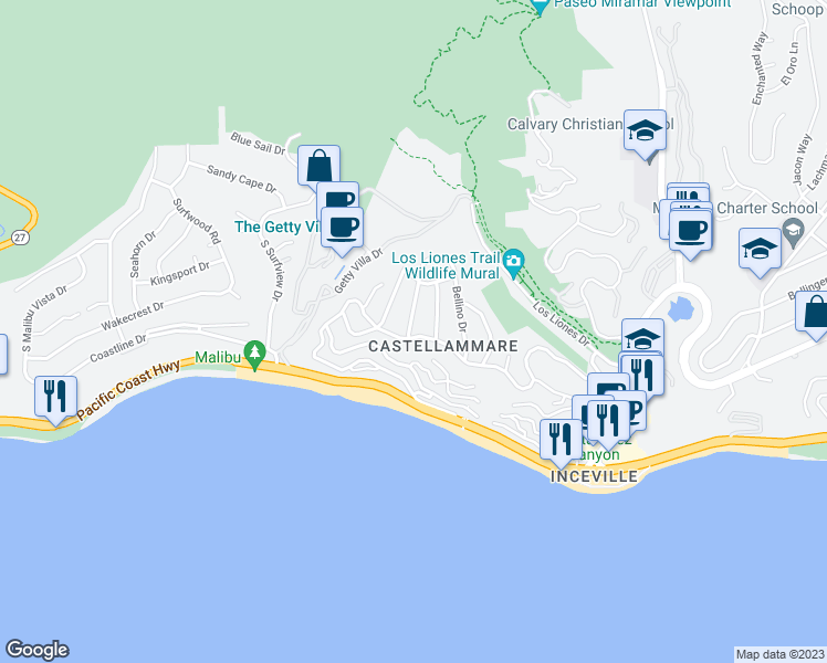 map of restaurants, bars, coffee shops, grocery stores, and more near 204 Tranquillo Road in Los Angeles