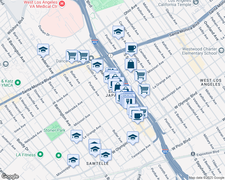 map of restaurants, bars, coffee shops, grocery stores, and more near 1831 Sawtelle Boulevard in Los Angeles