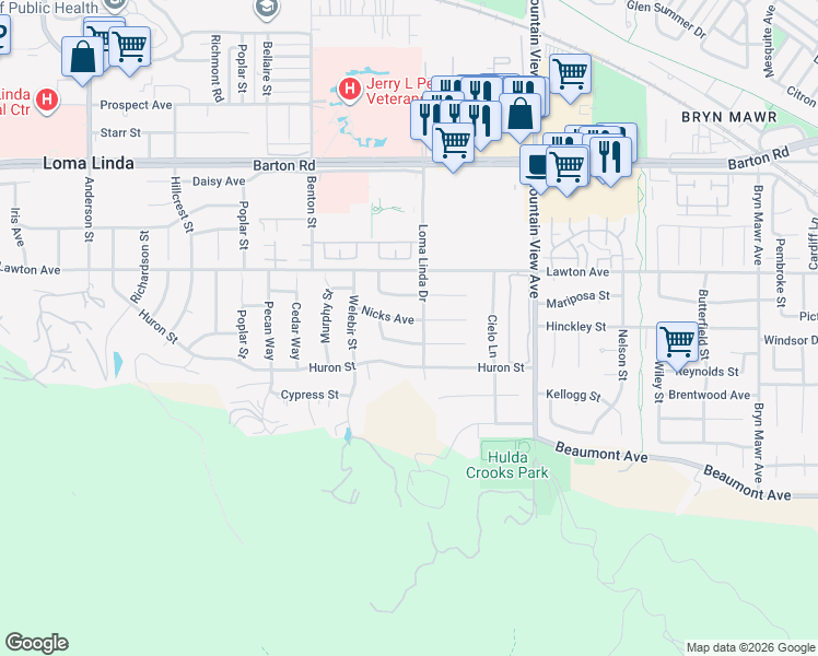 map of restaurants, bars, coffee shops, grocery stores, and more near 25453 Orange Crest Way in Loma Linda