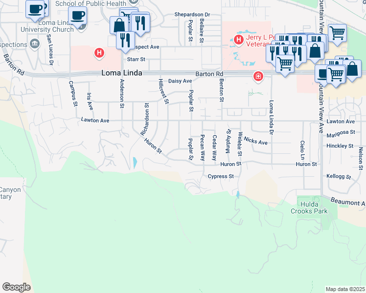 map of restaurants, bars, coffee shops, grocery stores, and more near 25105 Crestview Drive in Loma Linda