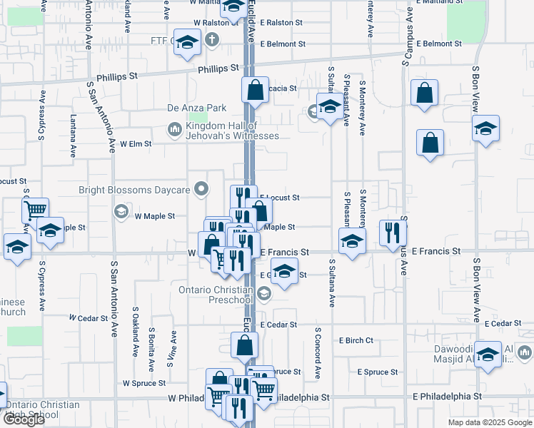 map of restaurants, bars, coffee shops, grocery stores, and more near 133 East Maple Street in Ontario