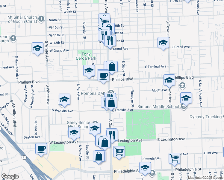 map of restaurants, bars, coffee shops, grocery stores, and more near 1589 Biscay Way in Pomona