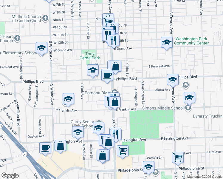 map of restaurants, bars, coffee shops, grocery stores, and more near 1590 South Garey Avenue in Pomona
