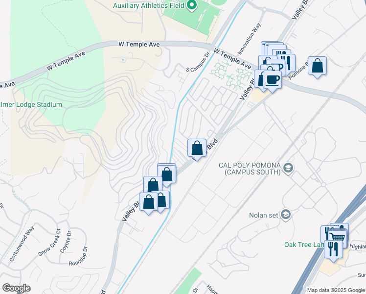 map of restaurants, bars, coffee shops, grocery stores, and more near 3825 Valley Boulevard in Walnut