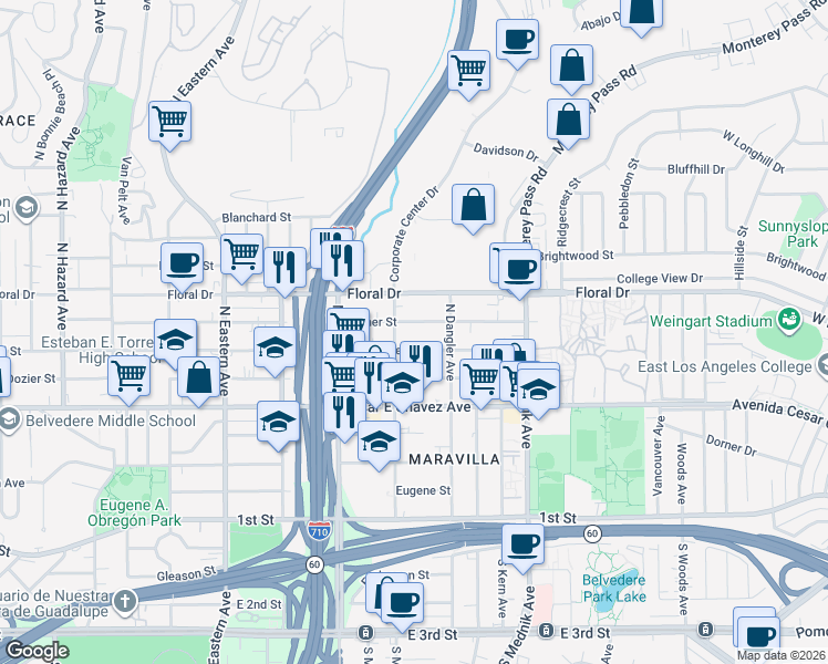 map of restaurants, bars, coffee shops, grocery stores, and more near 510 North McDonnell Avenue in East Los Angeles