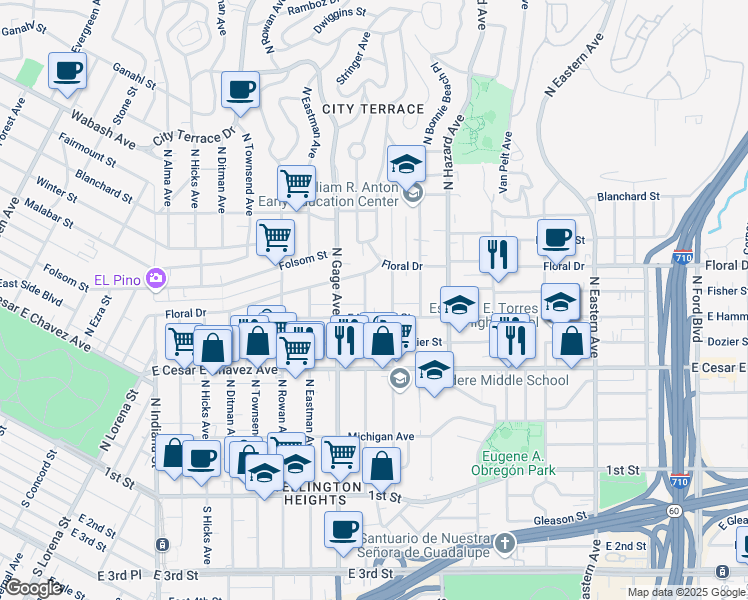 map of restaurants, bars, coffee shops, grocery stores, and more near 3831 East Hammel Street in Los Angeles