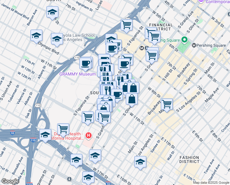 map of restaurants, bars, coffee shops, grocery stores, and more near 1091 South Hope Street in Los Angeles