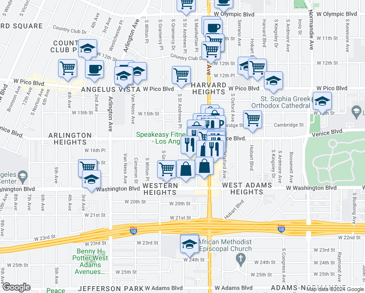 map of restaurants, bars, coffee shops, grocery stores, and more near 1630 South Saint Andrews Place in Los Angeles