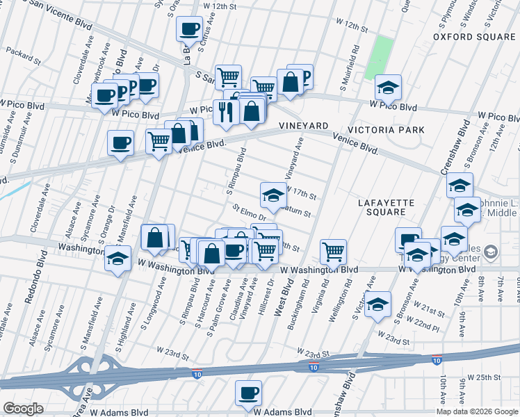 map of restaurants, bars, coffee shops, grocery stores, and more near 4624 Saint Elmo Drive in Los Angeles