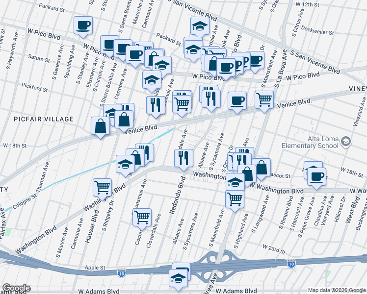 map of restaurants, bars, coffee shops, grocery stores, and more near 1854 South Cloverdale Avenue in Los Angeles