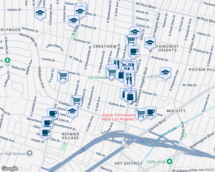map of restaurants, bars, coffee shops, grocery stores, and more near 1919 South Corning Street in Los Angeles