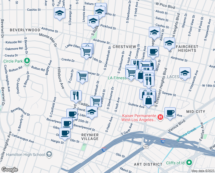 map of restaurants, bars, coffee shops, grocery stores, and more near 1946 South Bedford Street in Los Angeles
