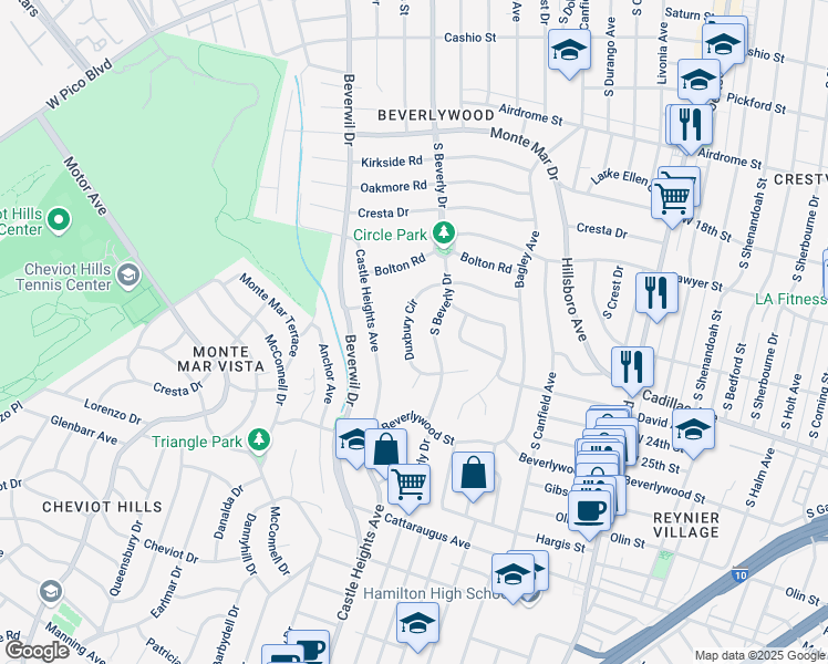 map of restaurants, bars, coffee shops, grocery stores, and more near 2301 Duxbury Circle in Los Angeles