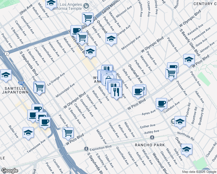map of restaurants, bars, coffee shops, grocery stores, and more near 2283 Westwood Boulevard in Los Angeles