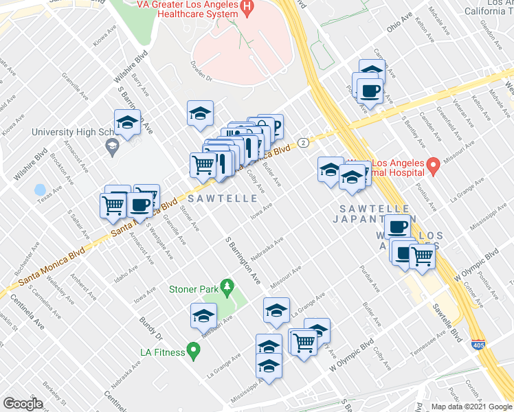 map of restaurants, bars, coffee shops, grocery stores, and more near 11578 Iowa Avenue in Los Angeles