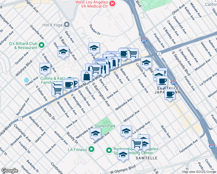 map of restaurants, bars, coffee shops, grocery stores, and more near 1626 Barry Avenue in Los Angeles