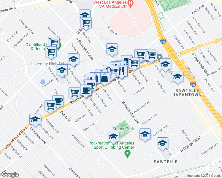 map of restaurants, bars, coffee shops, grocery stores, and more near 1527 Stoner Avenue in Los Angeles