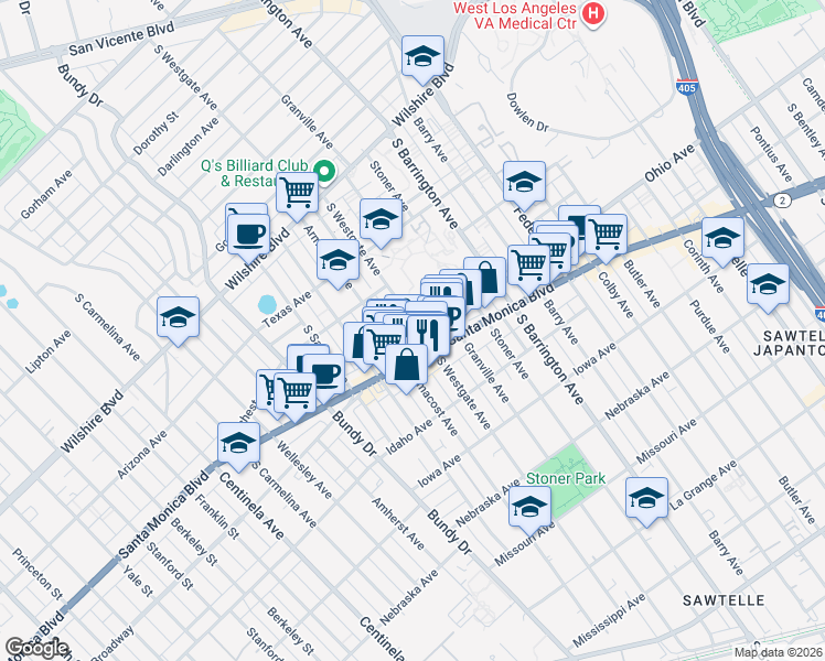 map of restaurants, bars, coffee shops, grocery stores, and more near 11851 California 2 in Los Angeles