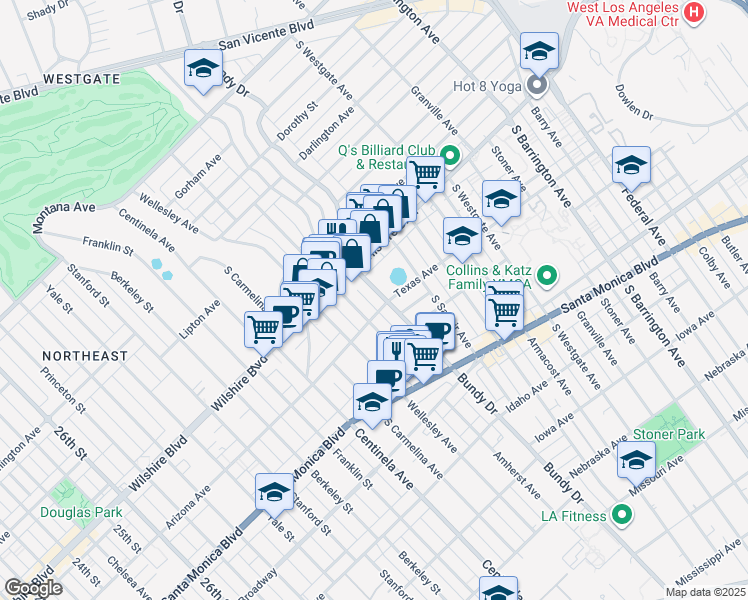 map of restaurants, bars, coffee shops, grocery stores, and more near 1250 Amherst Avenue in Los Angeles