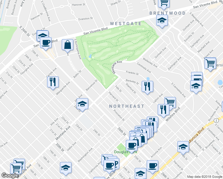 map of restaurants, bars, coffee shops, grocery stores, and more near 2722 Montana Avenue in Santa Monica