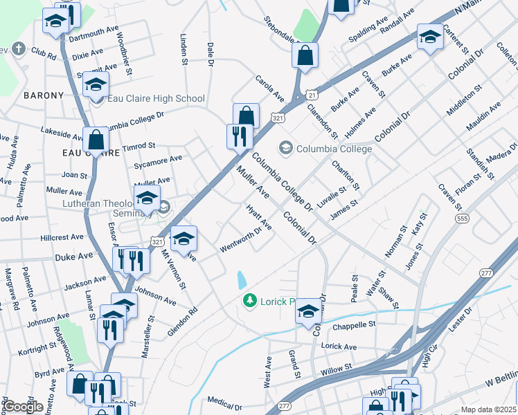map of restaurants, bars, coffee shops, grocery stores, and more near 1410 Hyatt Avenue in Columbia