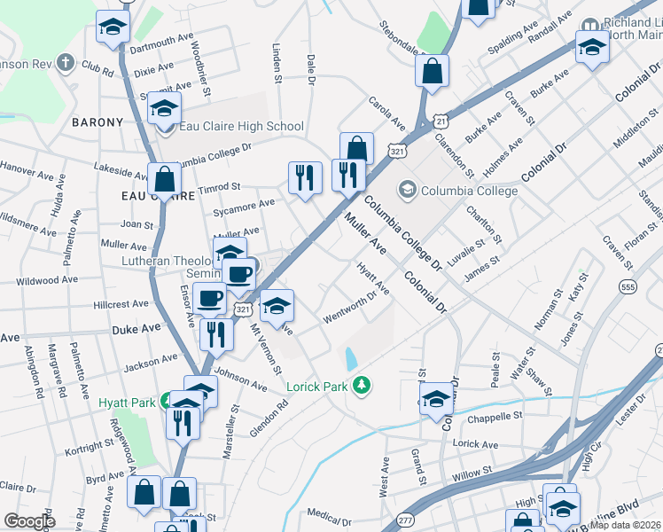 map of restaurants, bars, coffee shops, grocery stores, and more near 4413 Windemere Avenue in Columbia