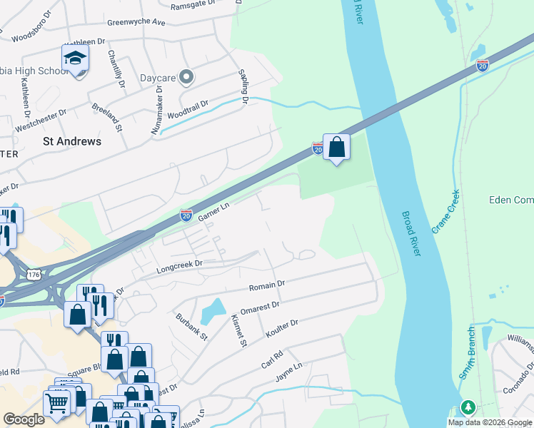 map of restaurants, bars, coffee shops, grocery stores, and more near 1701 Ashford Lane in Columbia