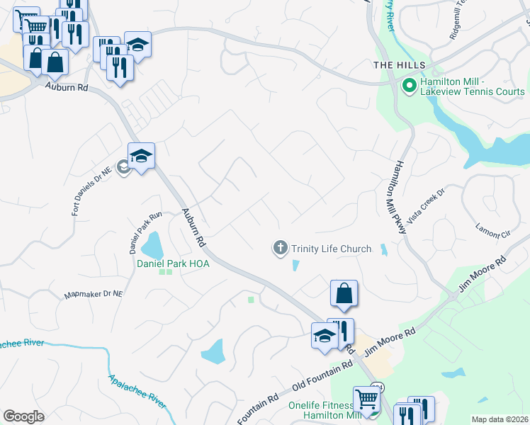 map of restaurants, bars, coffee shops, grocery stores, and more near 1664 Williams Mill Way in Dacula