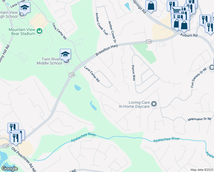 map of restaurants, bars, coffee shops, grocery stores, and more near 1885 Lena Carter Road in Buford