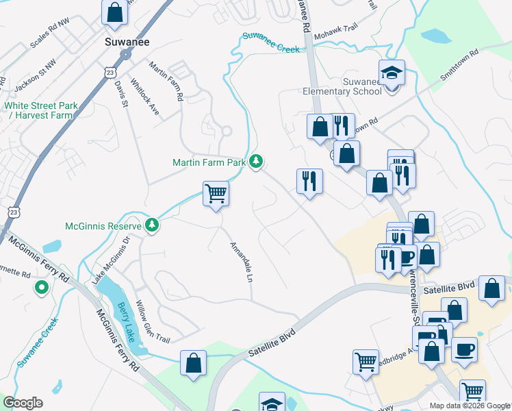 map of restaurants, bars, coffee shops, grocery stores, and more near 539 Golden Meadows Circle in Suwanee
