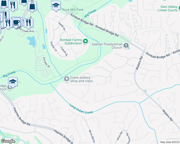 map of restaurants, bars, coffee shops, grocery stores, and more near 1710 Ridge Oak Place in Alpharetta