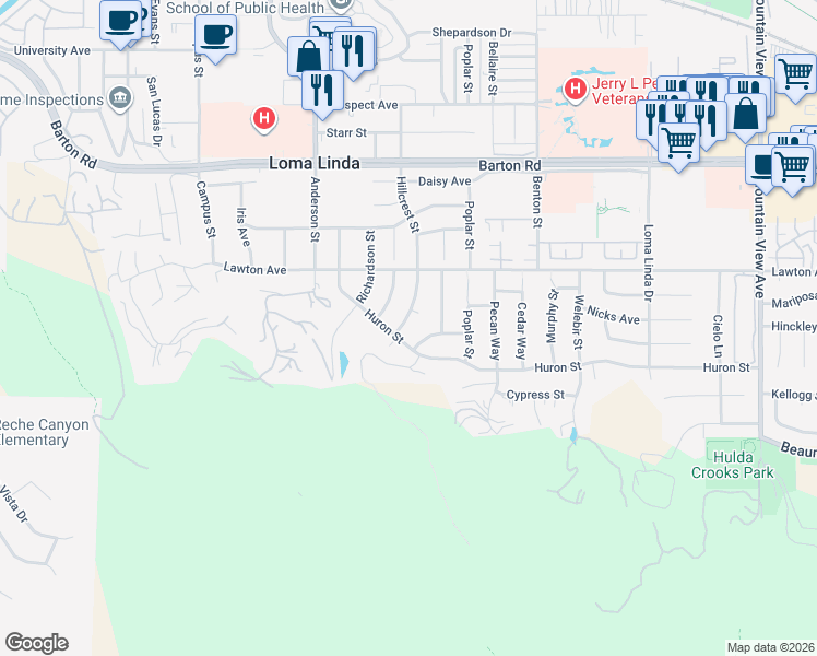 map of restaurants, bars, coffee shops, grocery stores, and more near 11583 Hillcrest Street in Loma Linda