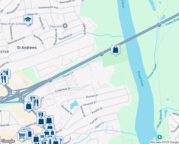 map of restaurants, bars, coffee shops, grocery stores, and more near 1701 Ashford Lane in Columbia