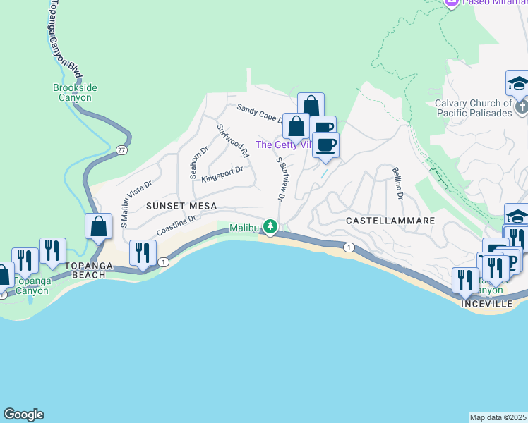 map of restaurants, bars, coffee shops, grocery stores, and more near 18050 Coastline Drive in Malibu