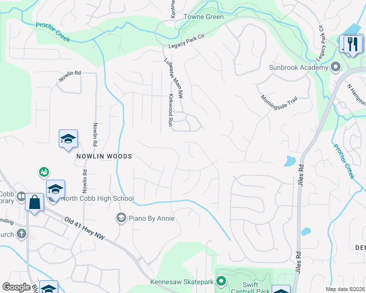 map of restaurants, bars, coffee shops, grocery stores, and more near 3191 Elmendorf Drive Northwest in Kennesaw