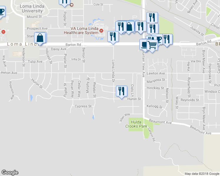 map of restaurants, bars, coffee shops, grocery stores, and more near 25475 Nicks Avenue in Loma Linda