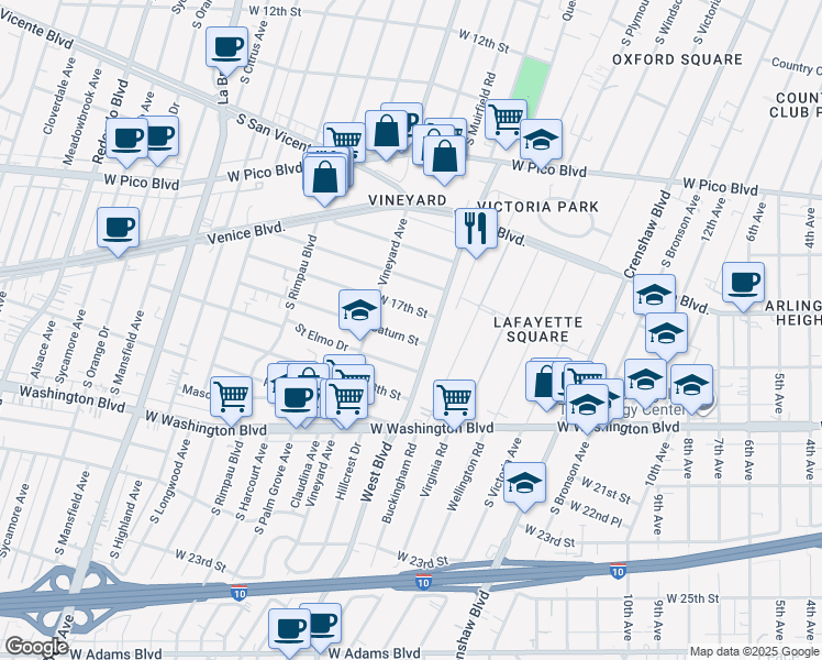 map of restaurants, bars, coffee shops, grocery stores, and more near 4521 Saturn Street in Los Angeles