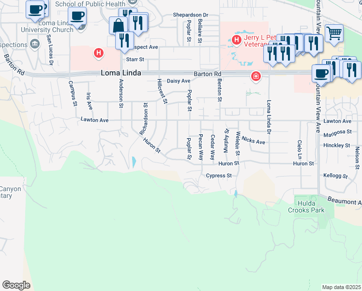 map of restaurants, bars, coffee shops, grocery stores, and more near 25105 Crestview Drive in Loma Linda