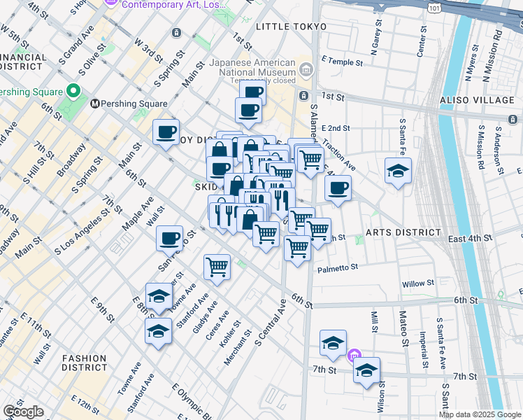 map of restaurants, bars, coffee shops, grocery stores, and more near 713 East 5th Street in Los Angeles